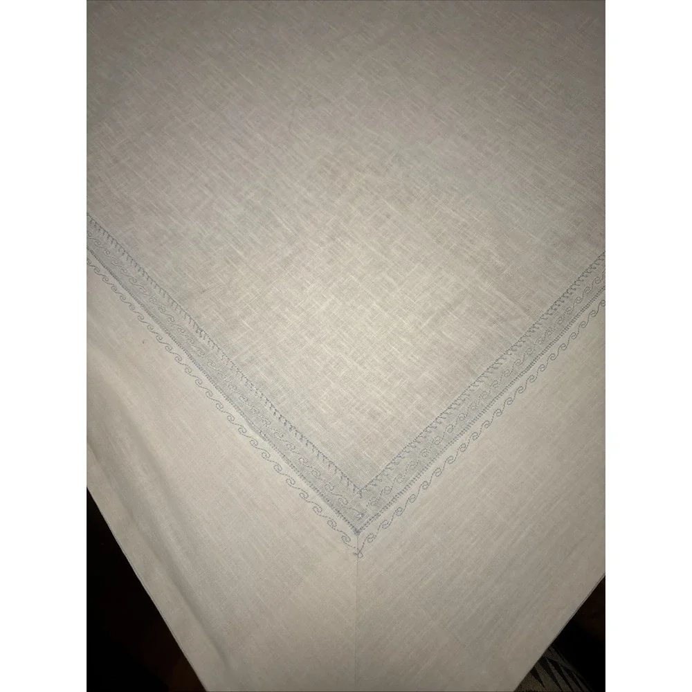 Vintage Hand Embroidered‎ Linen Heavy White Tablecloth Light Blue  49.5